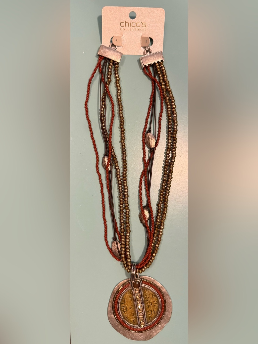 Chico's Multi-Strand Rust, Gold, & Silver Pendant Necklace
